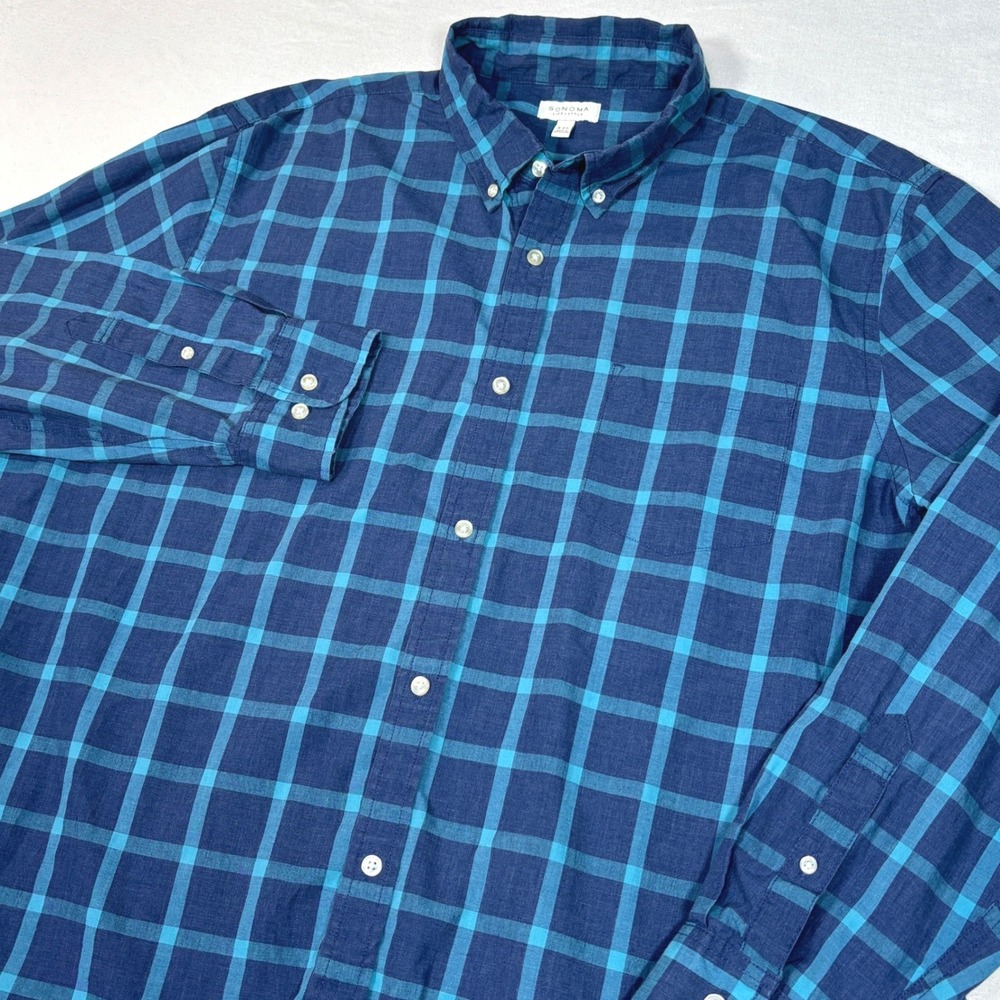 Sonoma Life + Style Mens XXL Blue Teal Check Plaid Button Down Shirt Long Sleeve